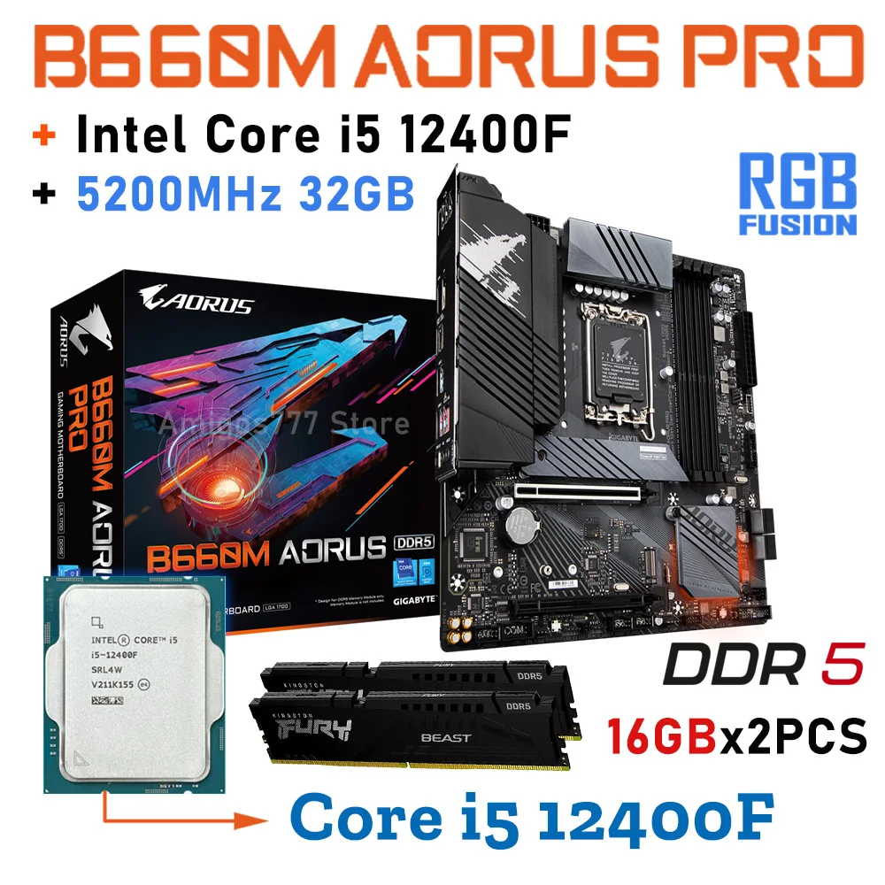 

LGA 1700 Motherboard Combo i5 12400F CPU Combo With Kingston DDR5 Memory Gigabyte B660 Mainboard i5 12400F Processor Kit 32GB