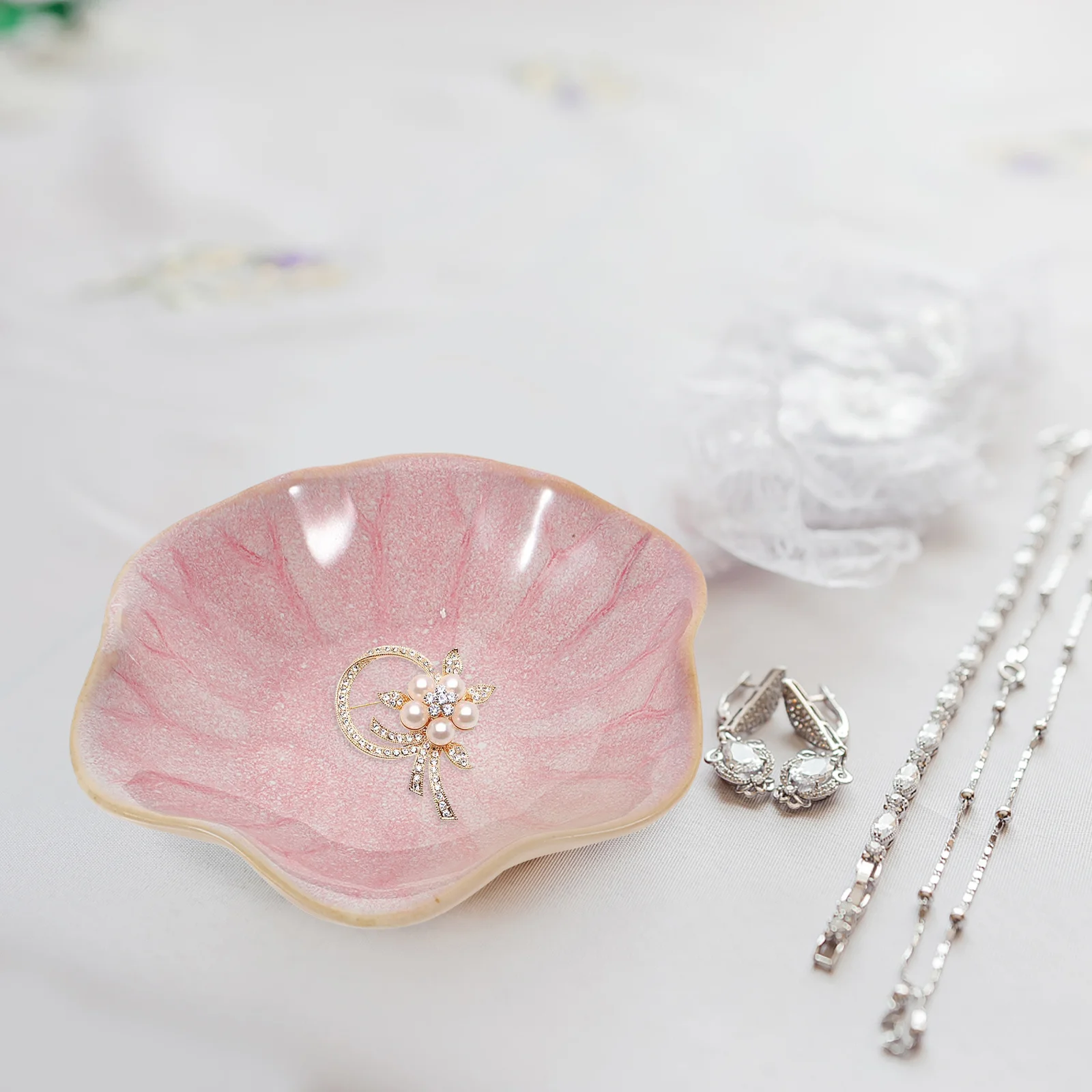 

2Pcs Lotus Flower Jewelry Plate Ceramic Material Sturdy Practical Home Office Decorative Tray Jewelry Holder Ring Holder