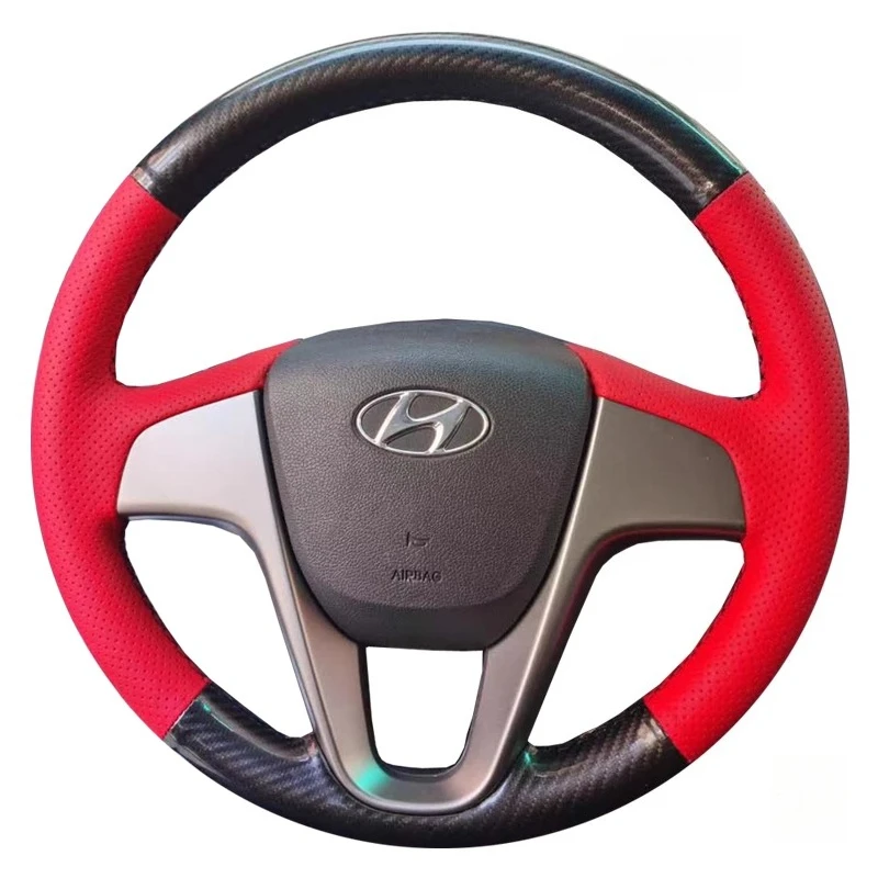لشركة هيونداي فيرنا 2010-2016 سولاريس (RU) 2010-2016 i20 2009-2015 مخيط يدويا ألياف الكربون الجلود غطاء عجلة توجيه سيارة