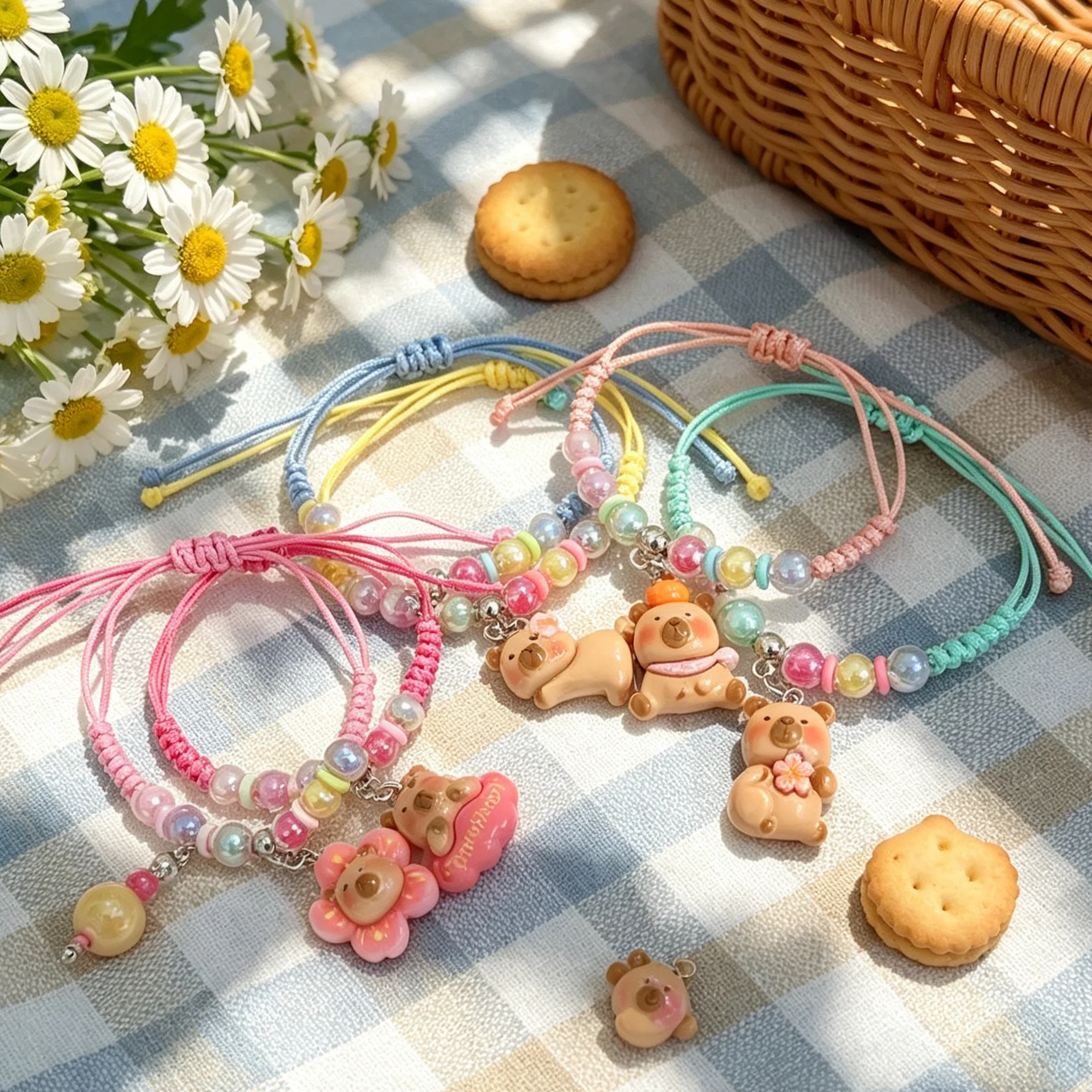 Cartoon capybara handmade braided bracelet, kawaii beaded jewelry decoration, everyday party gift