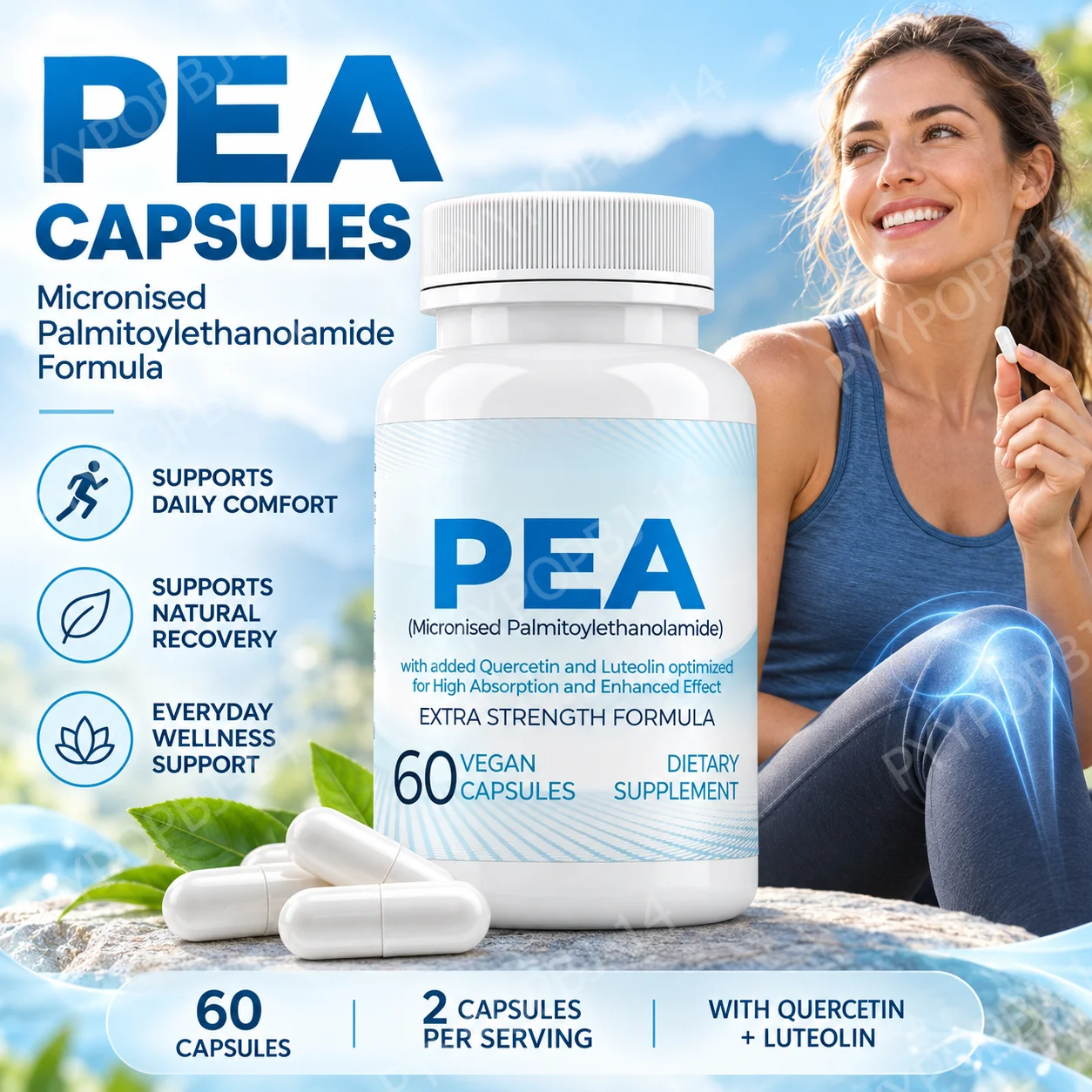 PEA Capsules 600mg with Quercetin and Luteolin, Micronized Palmitoylethanolamide Supplement, Vegan , 60 Capsules