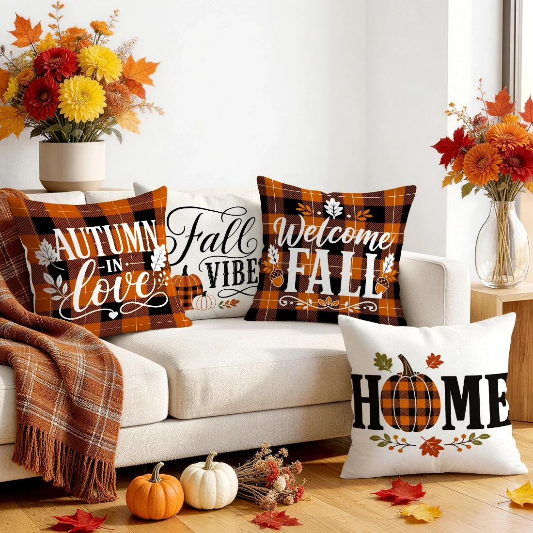Warm Orange Autumn Language Grid Cushions Pillowcase Polyester Cushion Cover Throw Pillow Pillowcover Home Car Sofa Decor