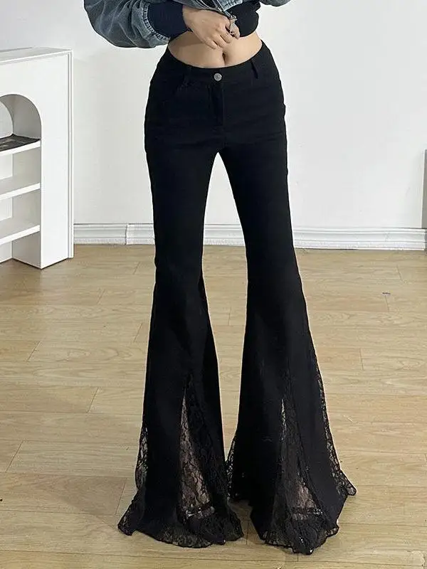 

plus Size Lace Splice Flared Pants Women's Summer High Waist Bell Bottom Trousers Elegant Commute Style Long Pants