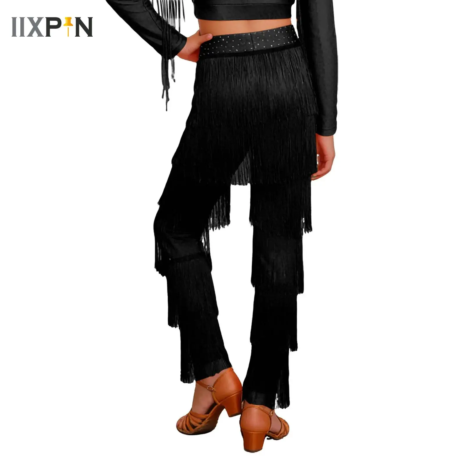 

Latin Dance Dresses For Ballroom Tiered Fringe Tassel Pants Sequin Fringe Salsa Samba Costume Kids Children Girls Cha-Cha Salsa