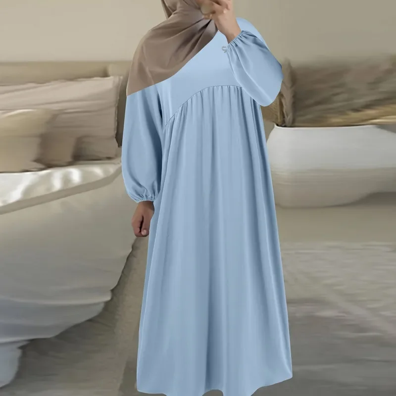 Women Abaya Dress Muslim Fashion Robe Long Lantern Sleeve Round -neck Female Casual Pleats Elegant New Temperament Clothing