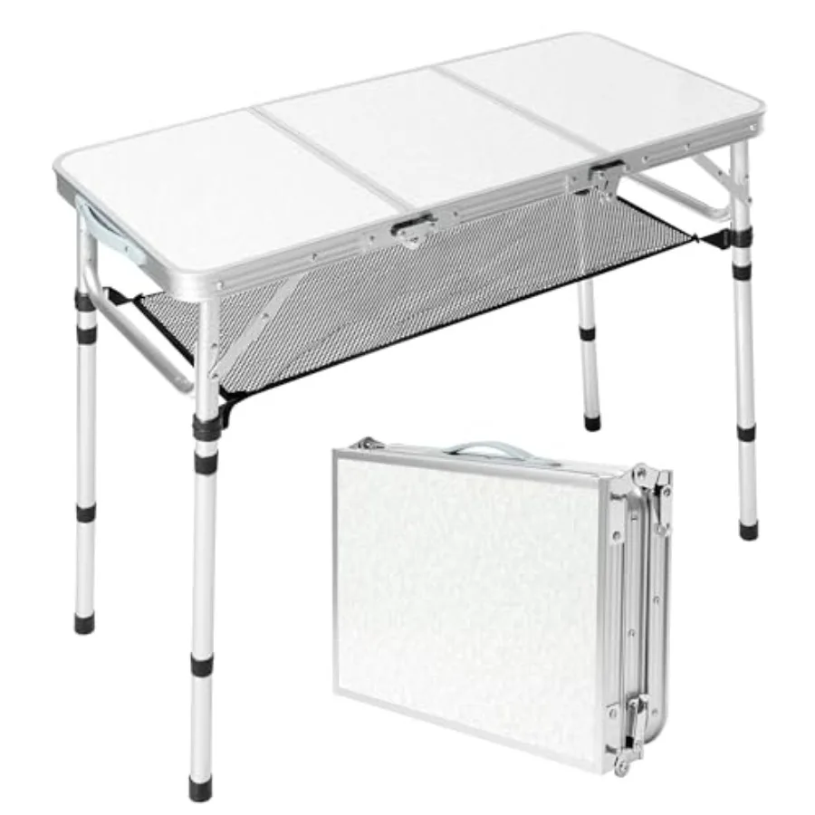 

Folding Camping Table with Storage Net, 3Feet Portable Aluminum Folding Table with 3 Adjustable Height Max 27.3 Inch for Outdoo