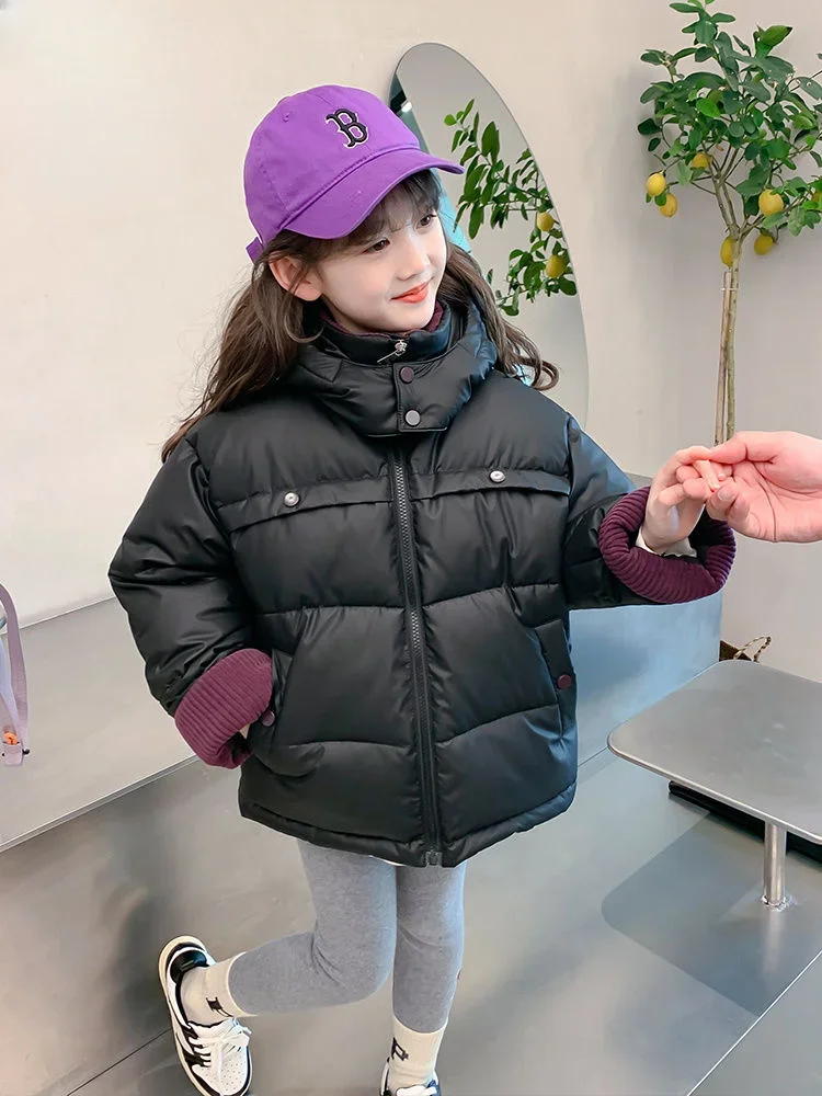 Winter 2024 Girls Thickened Cotton Coat for Childrens Winter Versatile Warm Black Little Girl Cotton Coat