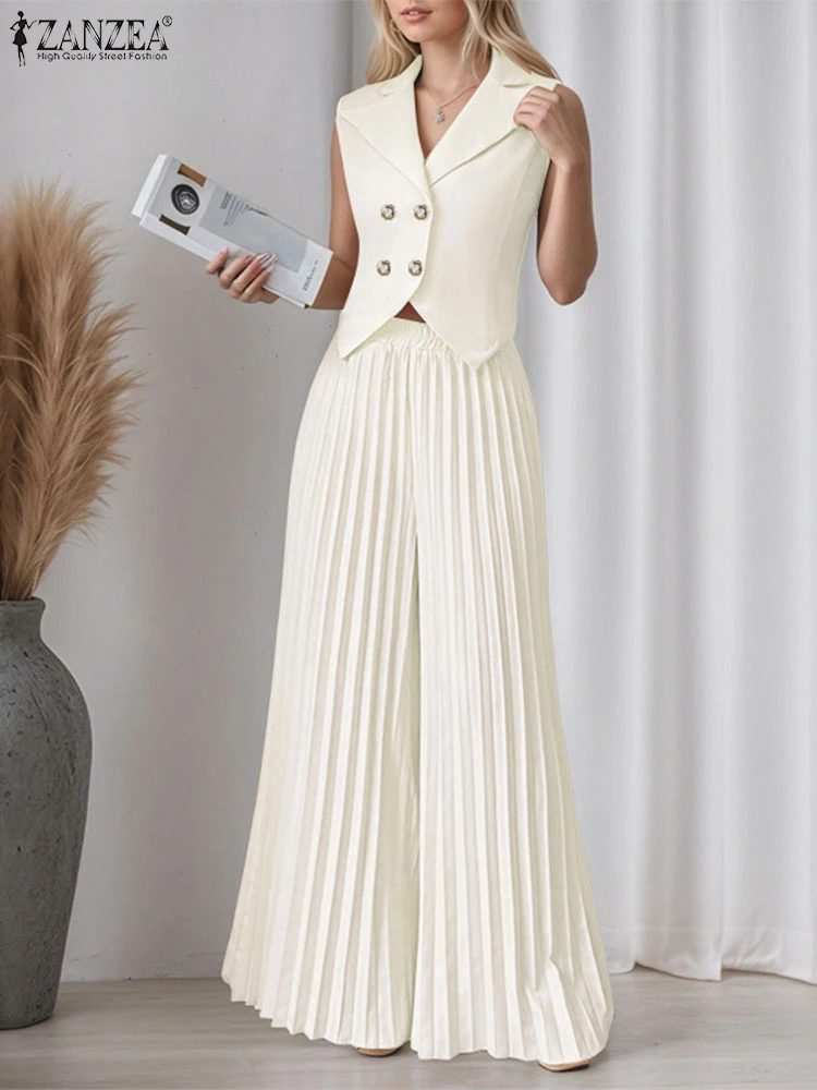 

ZANZEA Fashion Womens 2 Piece Sets Streetwear Elegant Notched Lapel Vests Tops Pleated Wide Leg Pants Pant Suits 2PCS Outfits