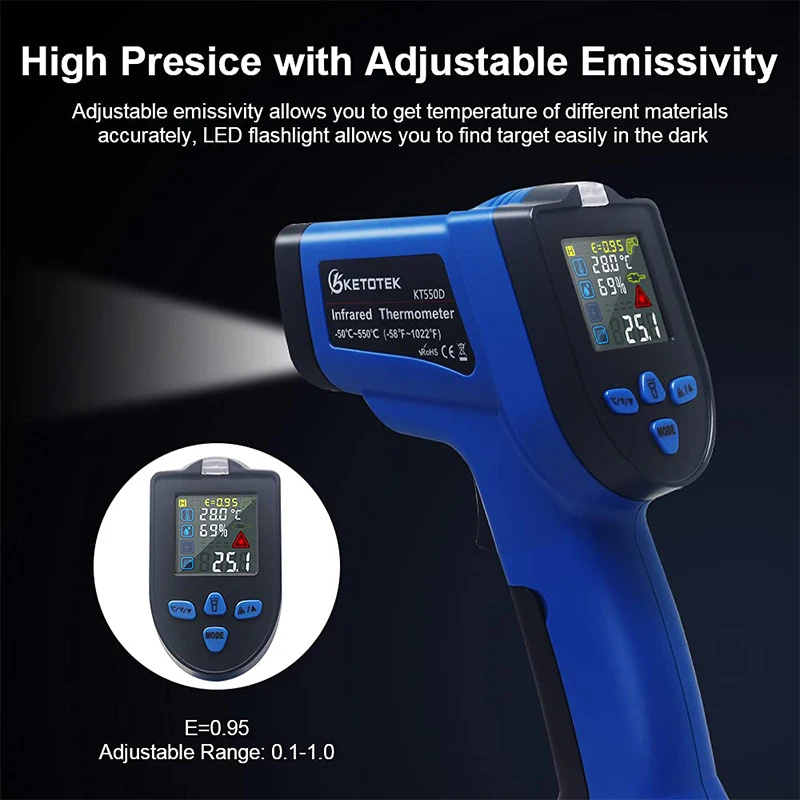 WENMEICE Infrared Thermometers With K-Type Probe Non-contact High Temperature Meter Imager Infrared Laser Thermometer