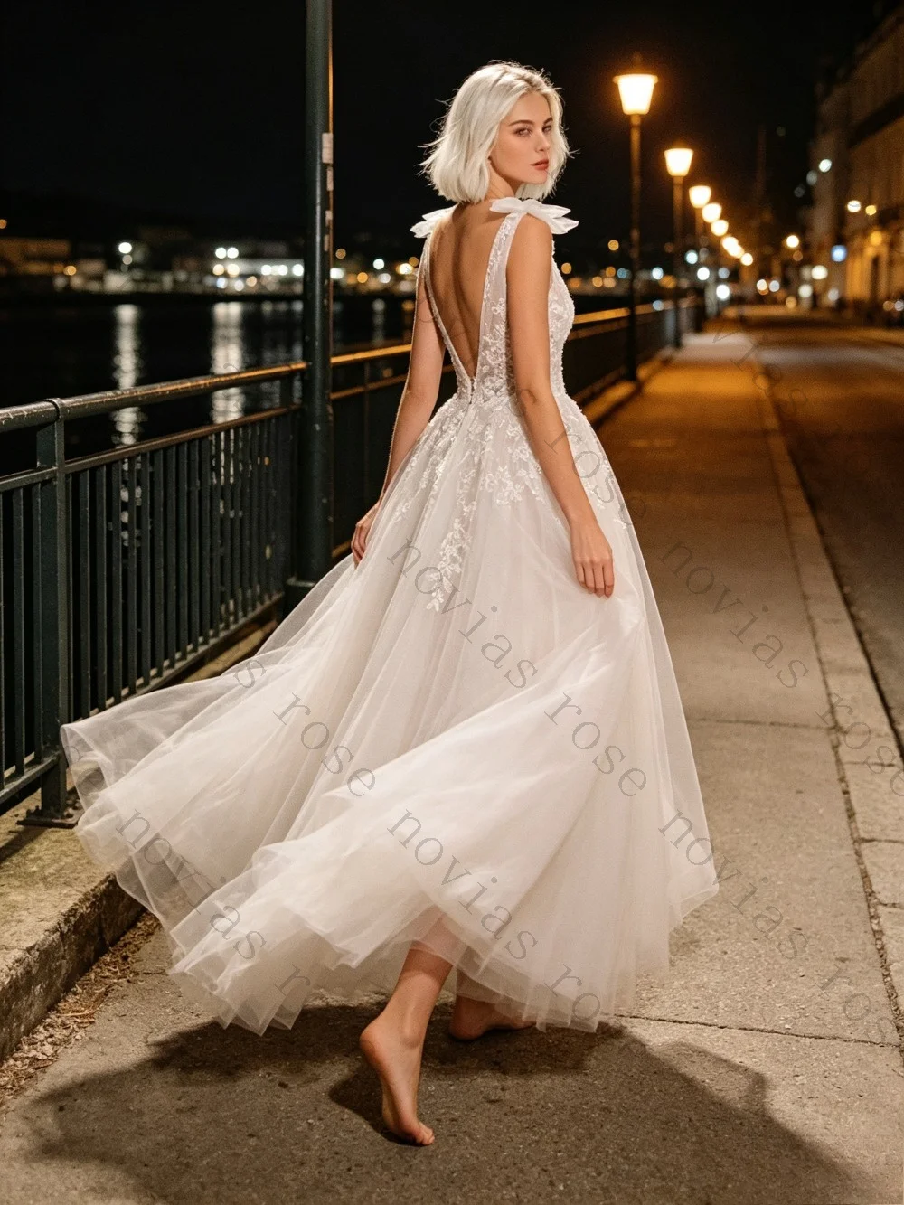 Customized 2026 Deep V-neck Chiffon Flowing Pleated Wedding Dress New Exquisite Lace Decal A-line Ribbon Elegant Bridal Gown