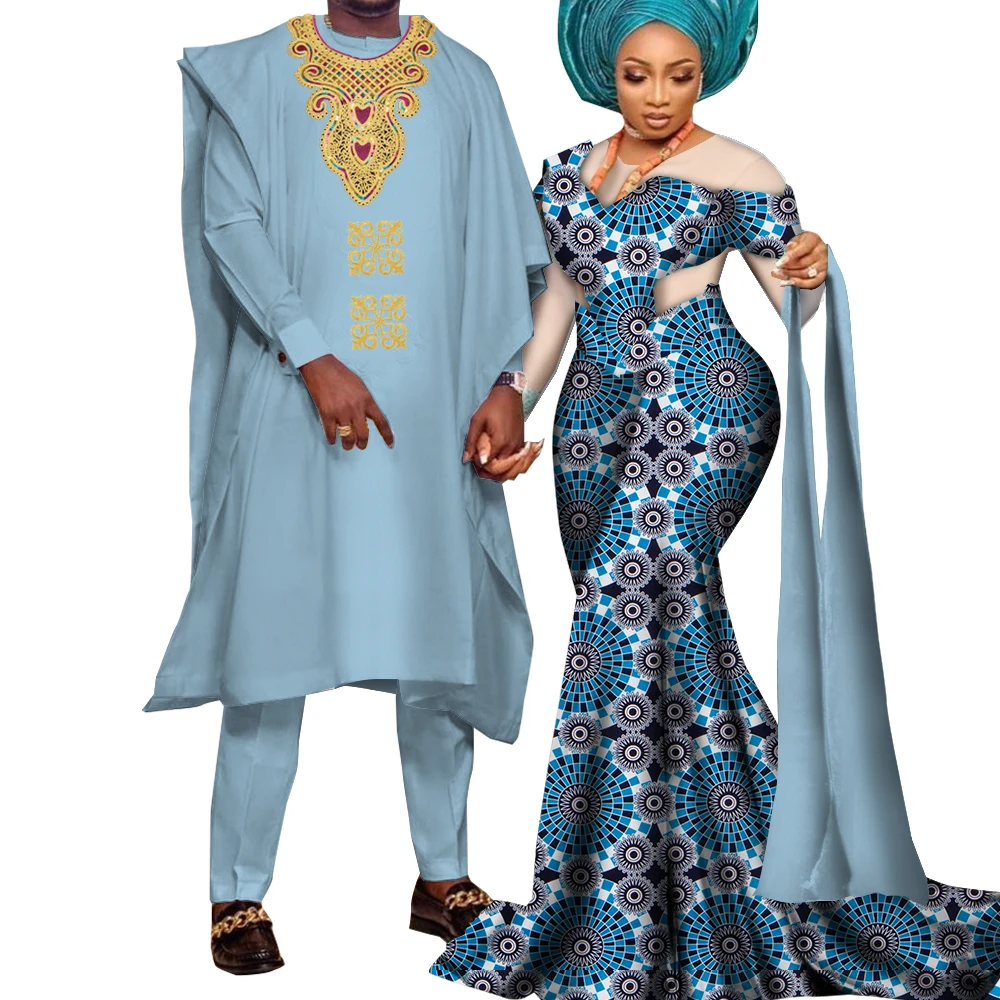 2024 African Couple Clothes Party Dresses for Women Riche Men Print Robe Shirt with Trousers Suits Sets Wedding Clothing Wyq922