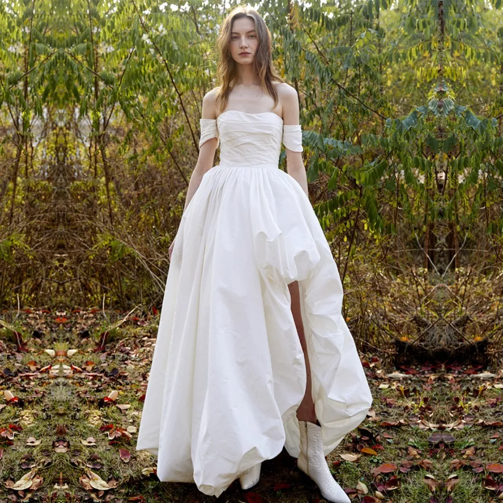 Robe de mariée longue à manches courtes, ligne A, fendue haute, robe de mariée romantique, dentelle dans le dos, robe Maxi de mariée élégante TT473