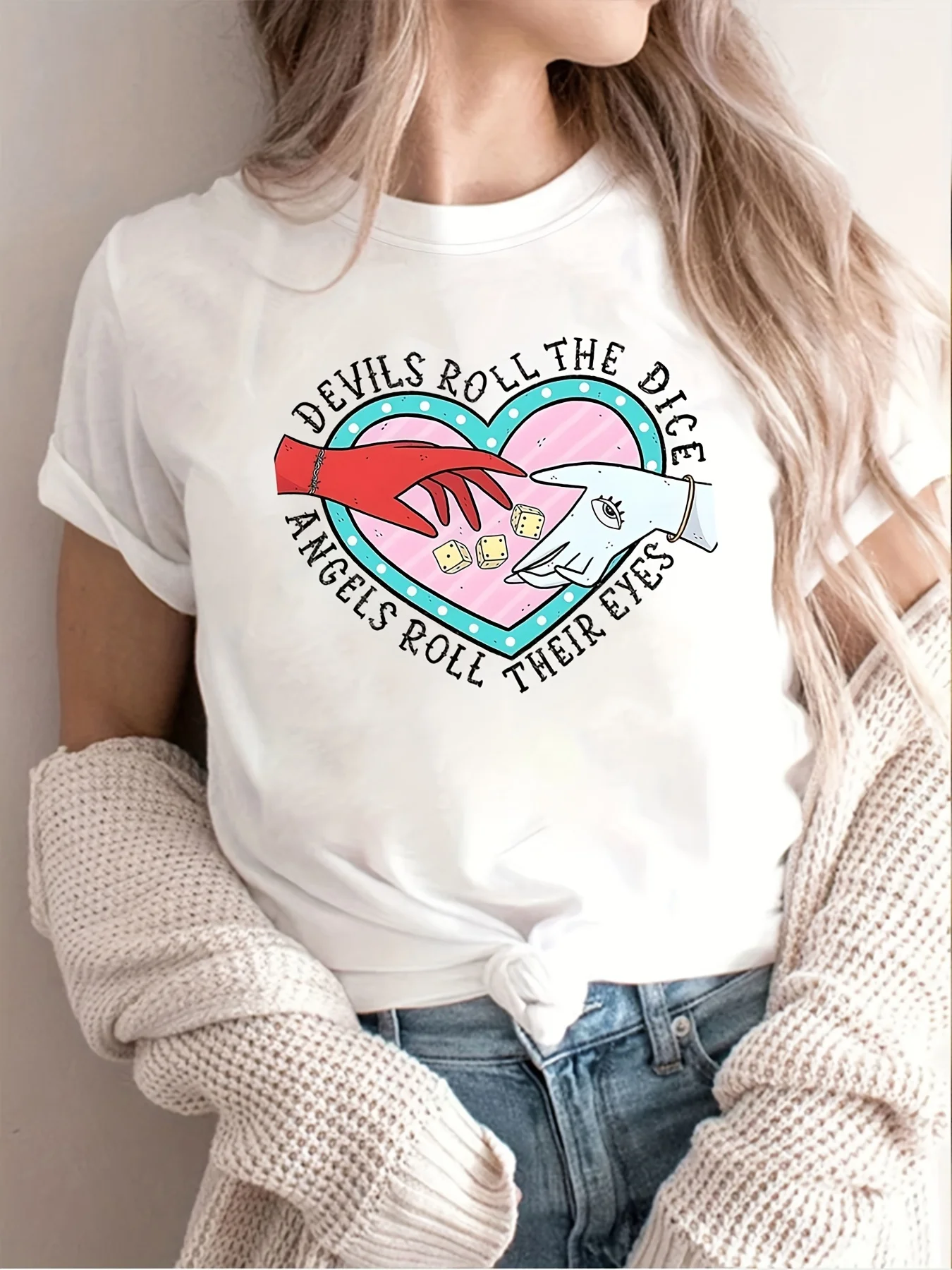 Devils Roll The Dice Angels Roll Their Eyes T-Shirt Summer Women Tracksuit Casual Sportswear Harajuku Fashion Streetwear