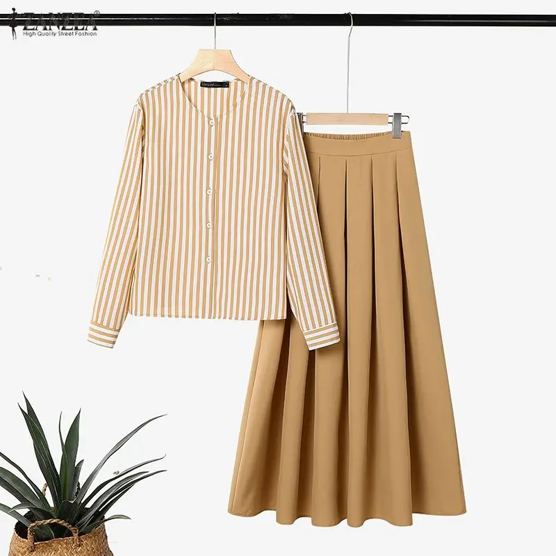 ZANZEA Modest Muslim Outfits Summer Long Sleeve Buttons -Up Striped Blouse Elastic Waist Pleated Skirt Suit Women Matching Sets 4