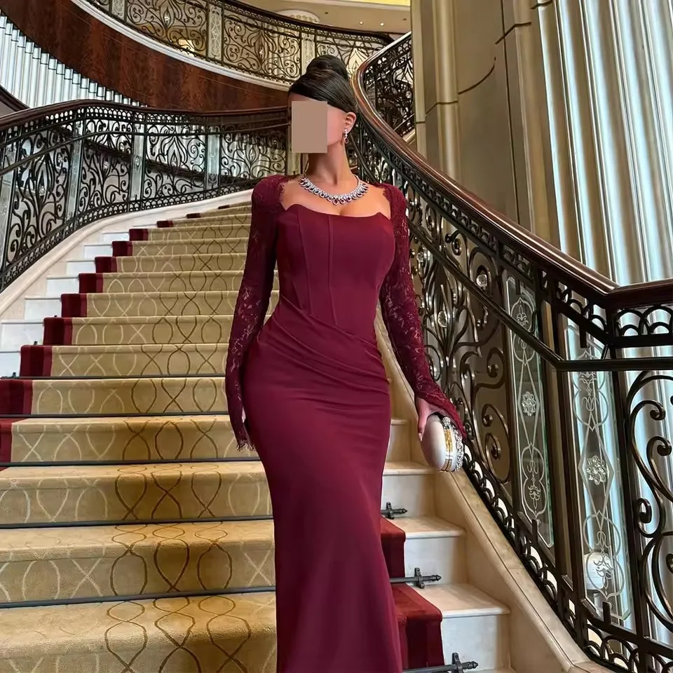 

Бордовые вечерние платья по индивидуальному заказу, кружевные обтягивающие женские вечерние платья с длинными рукавами, вечерние платья с отверстием на спине, макси Vestido de fiest