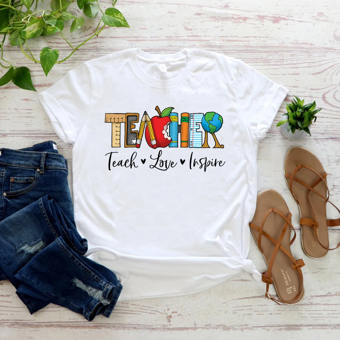 

Inspirational Teacher T-Shirt Teach Love Inspire Shirt Back To School Tee Women Short Sleeve T-shirt Casual Streetwear Tops