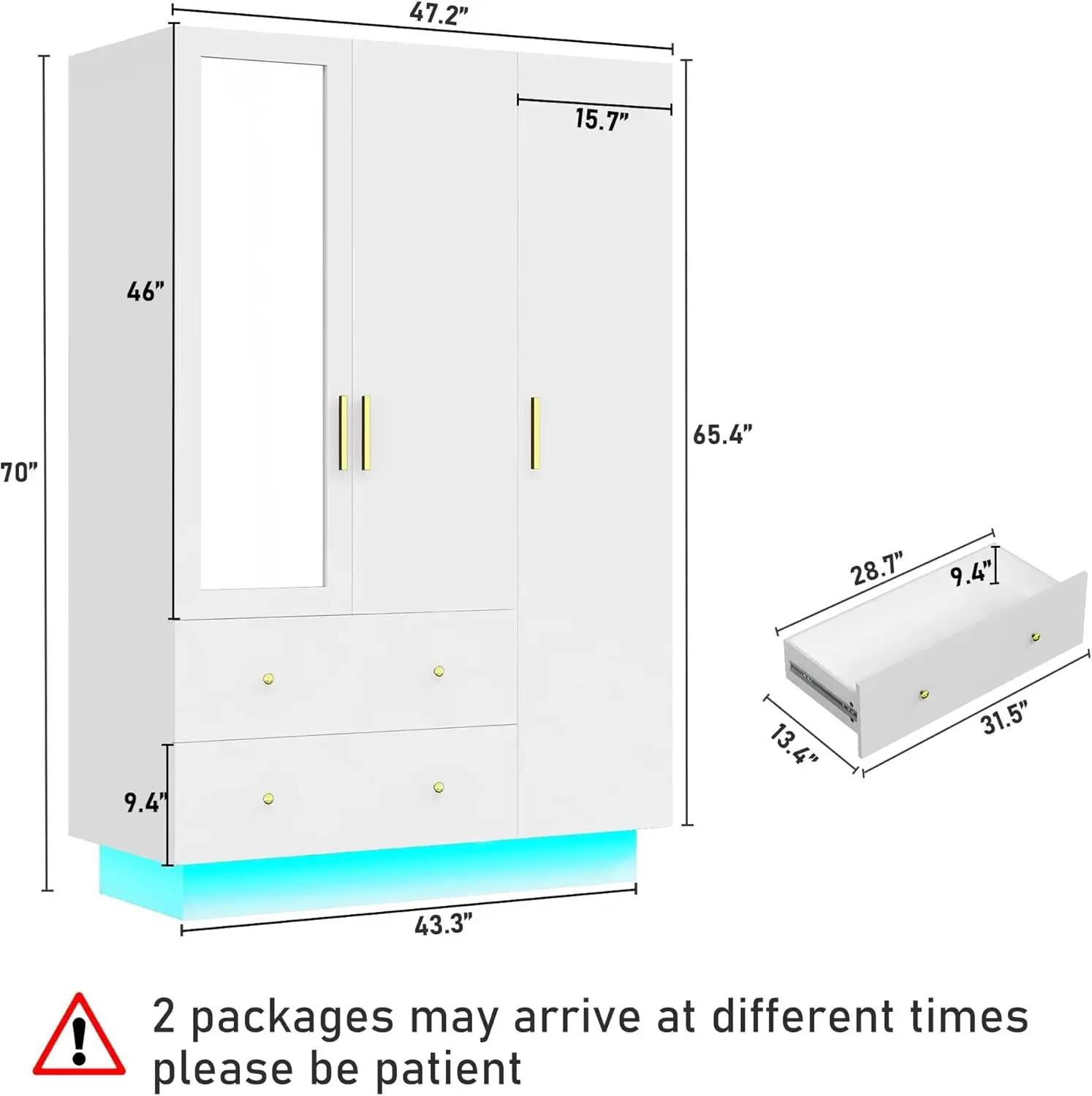 3 Door Armoire Wardrobe Closet Cabinet with Mirror and LED Light,Large Capacity Storage Wardrobe Armoire for Bedroom, White