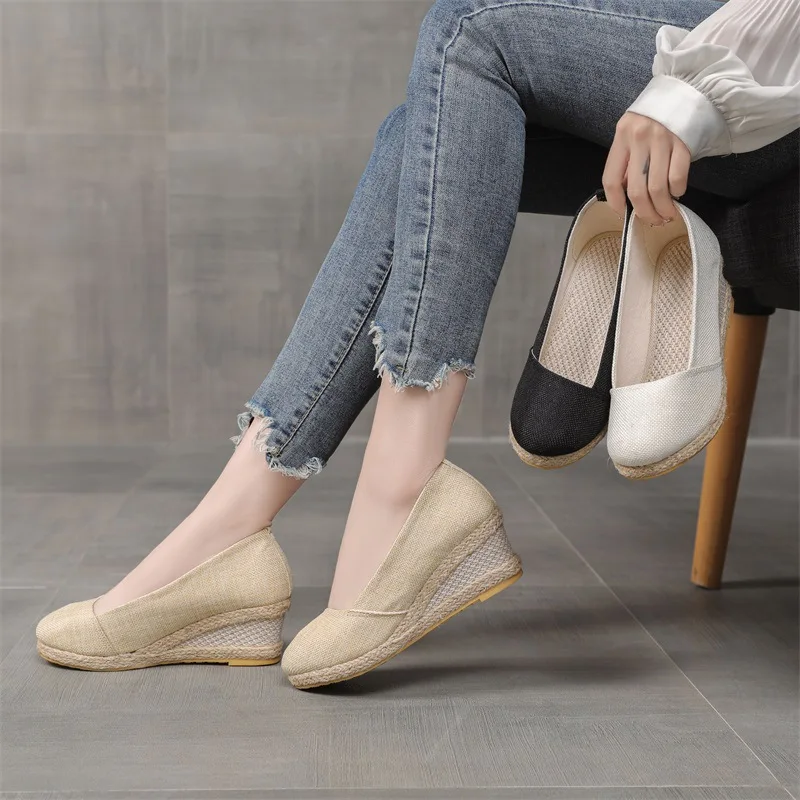 Veowalk Patchwork Women Comfortable Linen Cotton 6cm High Heel Wedge Espadrilles Sandals Summer Slip On Hemp Platform Shoes