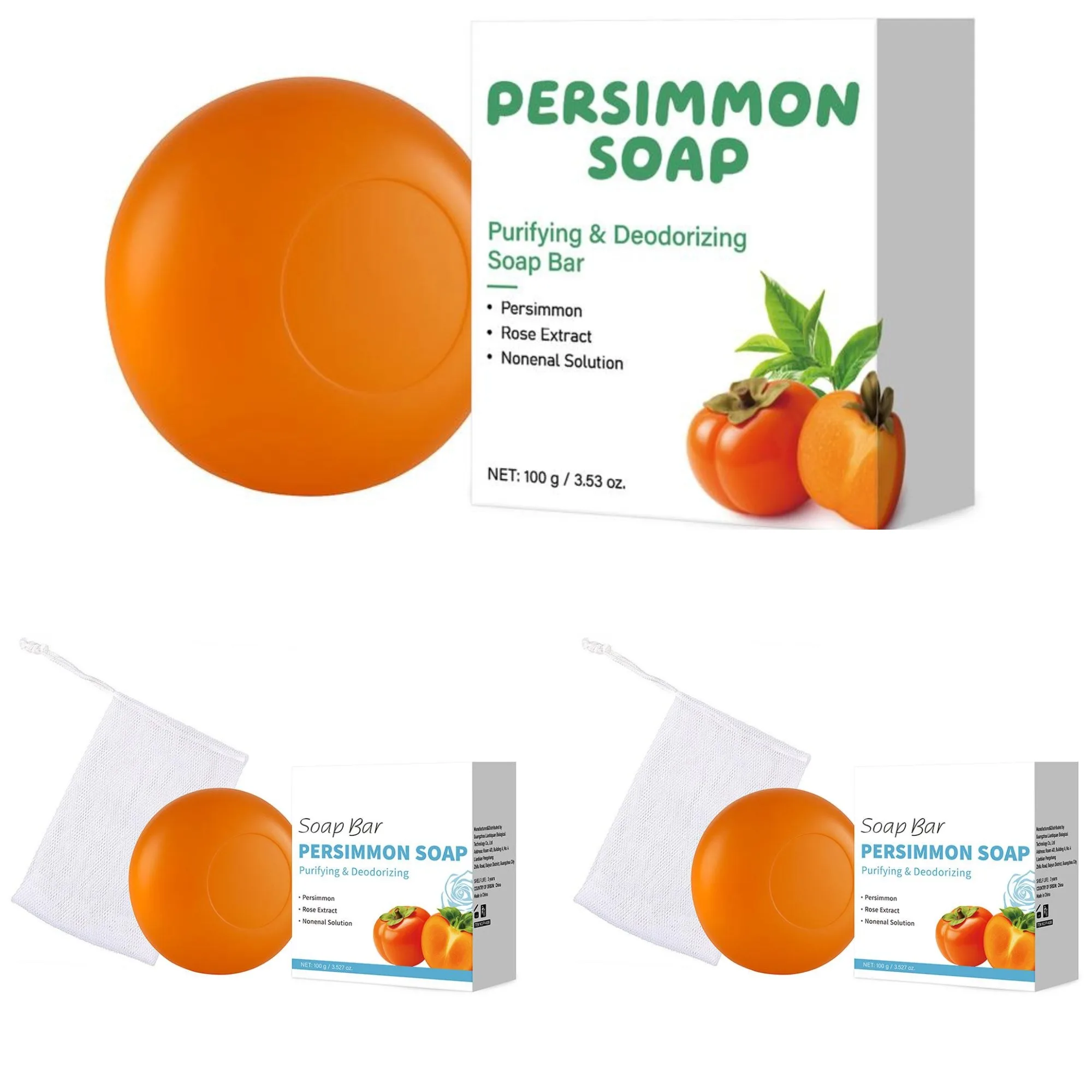 100G Persimmon & Green Tea Soap Bar for Body Odor, Natural Deodorizing For Unisex ,Gentle on All Skin Types Body Odor Soap