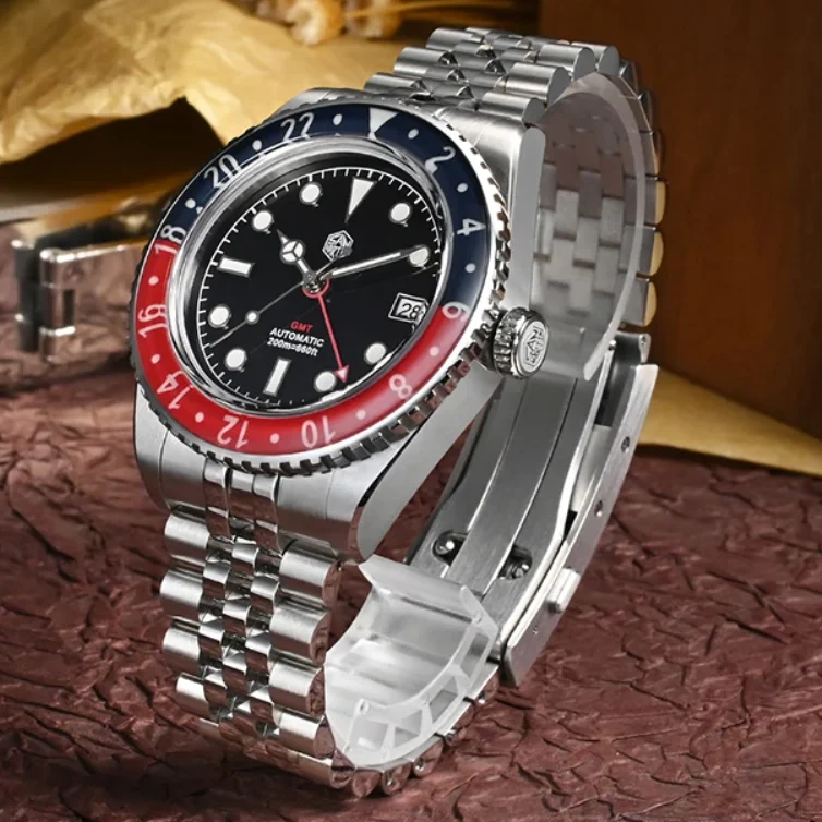 

San Martin Мужские часы GMT 40 мм Автоматические механические наручные часы 20ATM Водонепроницаемые BGW-9 Светящийся сапфировый двунаправленный безель NH34