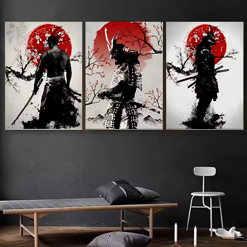 3PCS Traditional Japanese Samurai Classic Home Decora Wall Decora Hanging Paintings Ideal Office Decora and Living Room Decora