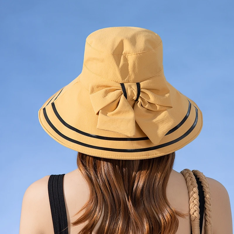 Women Summer Folding Bucket Hat for Beach Holiday Lady Spring Striped Bowler for Outdoor Sunscreen Elegant Sun Protection Cap