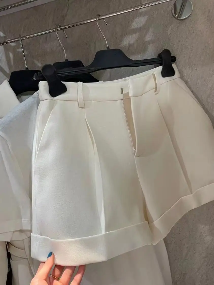High Waist Silk Hair Cuffed Shorts Versatile Slimming Wide Leg Pants for Women Commute Style Casual Pants Ladies Fashion