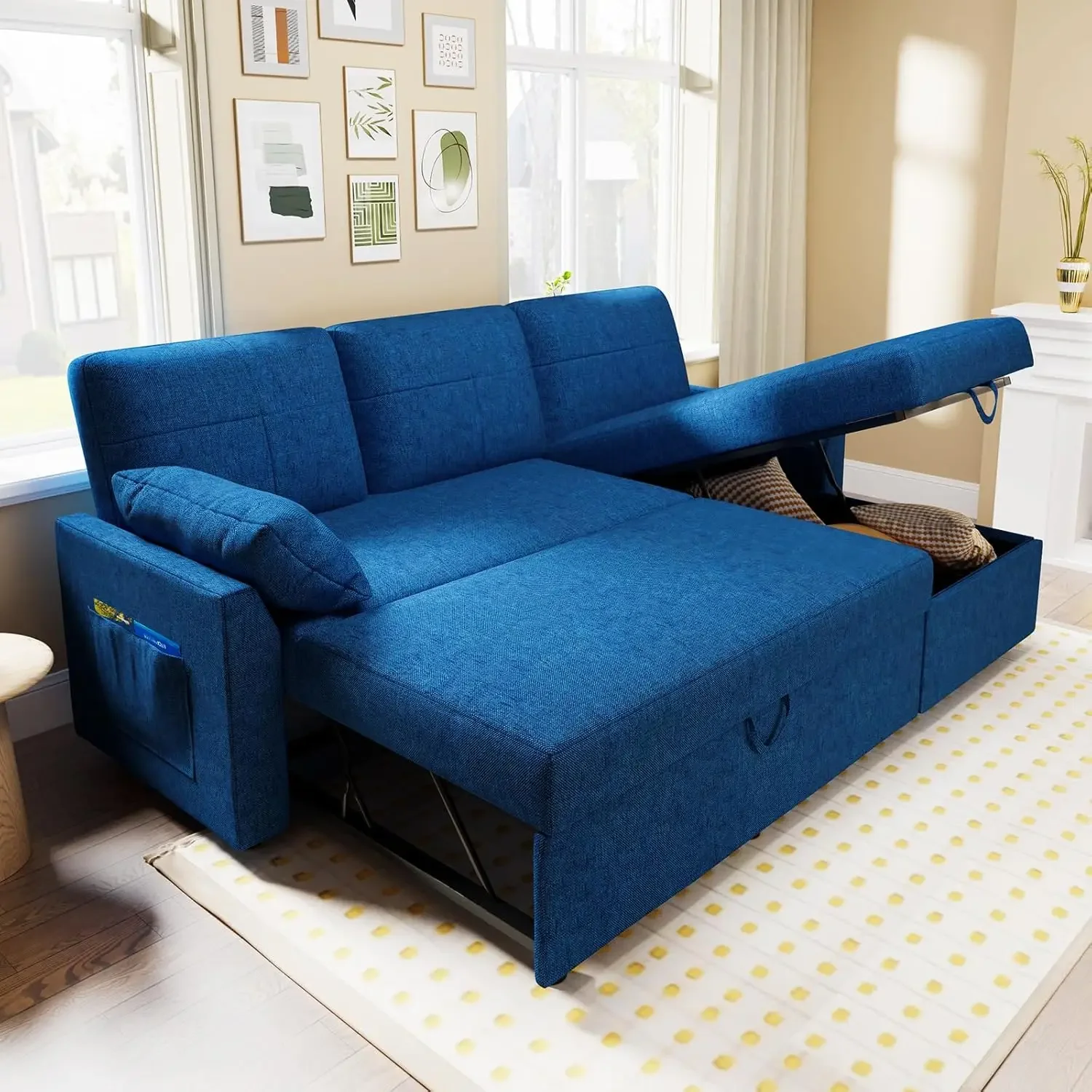 

Sofa Bed Sleeper Sofa with Storage Chaise 2 in 1 Pull Out Couch Sofa for Home Office Living Room Comfy Sleeper Blue Linen