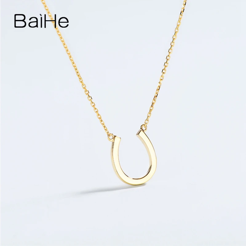 BAIHE Solid 18K Yellow Gold Real Gold U shape Letter Necklace Women Men Gift Trendy Everyday Wedding Fine Jewelry Collar Letra U