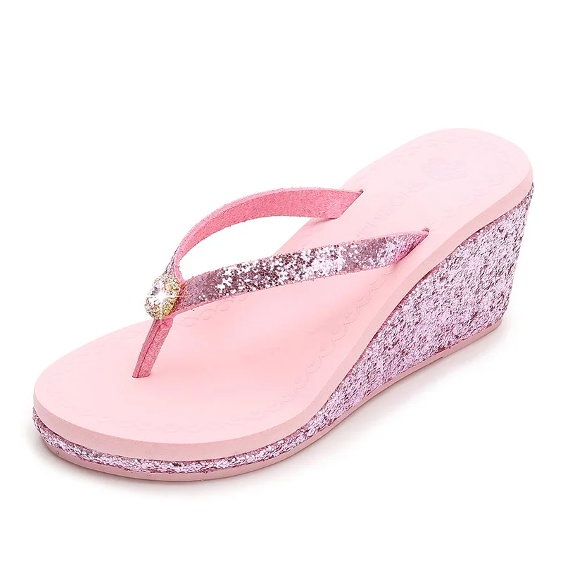 Beach Shoes Ladies\' Slippers Slipers Women Heeled Mules Glitter Slides Rubber Flip Flops On A Wedge Platform Sabot 2024 High Sum