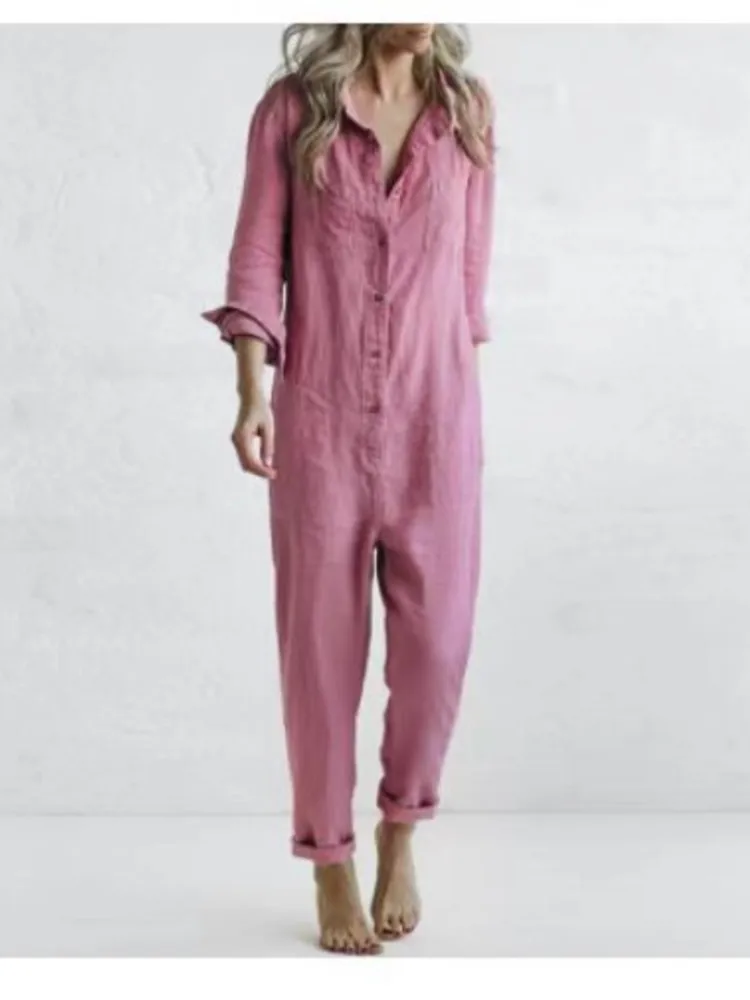 Cotton Linen Jumpsuits Women Vintage Overalls Single Breasted Button Long Sleeve Shirt Romper Solid Color Pockets Jumpsuit