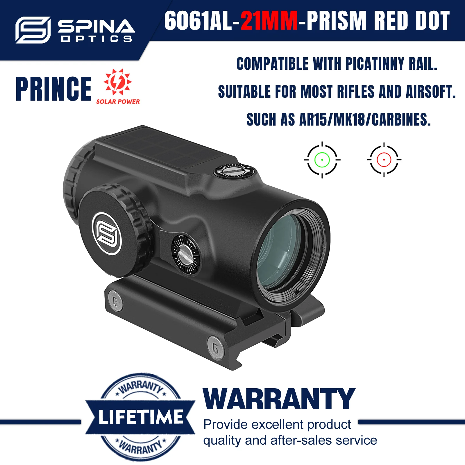 SPINA OPTICS Prince 1x24 Solar Prism Red Dot Sight Glass Etched Reticle Tactical Rifle Scope Red&Green