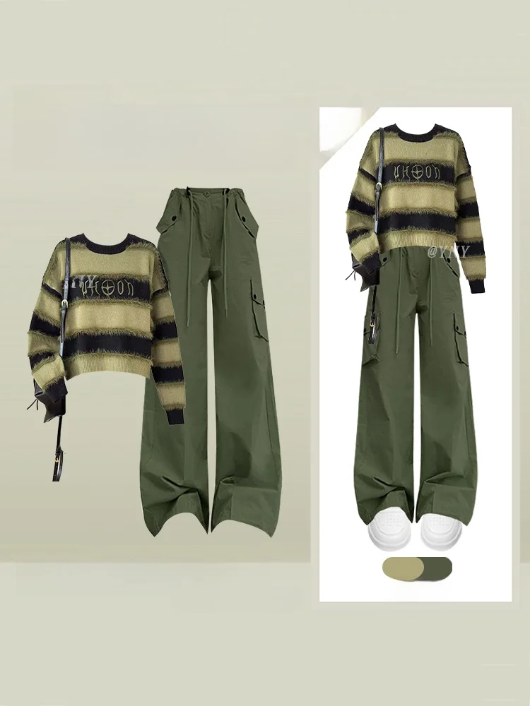 

Ранняя осень Dopane College Sle полосатый цветной блузка вязаный свитер с высокой талией повседневная рабочая одежда брюки повседневный комплект женский