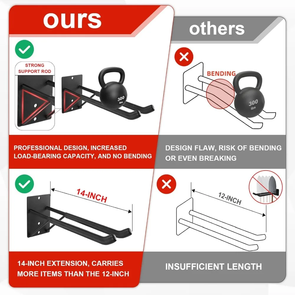 Crochets de garage en acier robuste de 14 pouces, paquet de 4 avec tiges de support pour outils, pneus, échelles