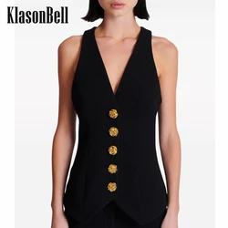 5.5 KlasonBell-Women's Single Breasted Vest, V-Neck Asymmetrical Vest, Rose Flower, Gold Button, Vintage Outerwear, Collect Wais