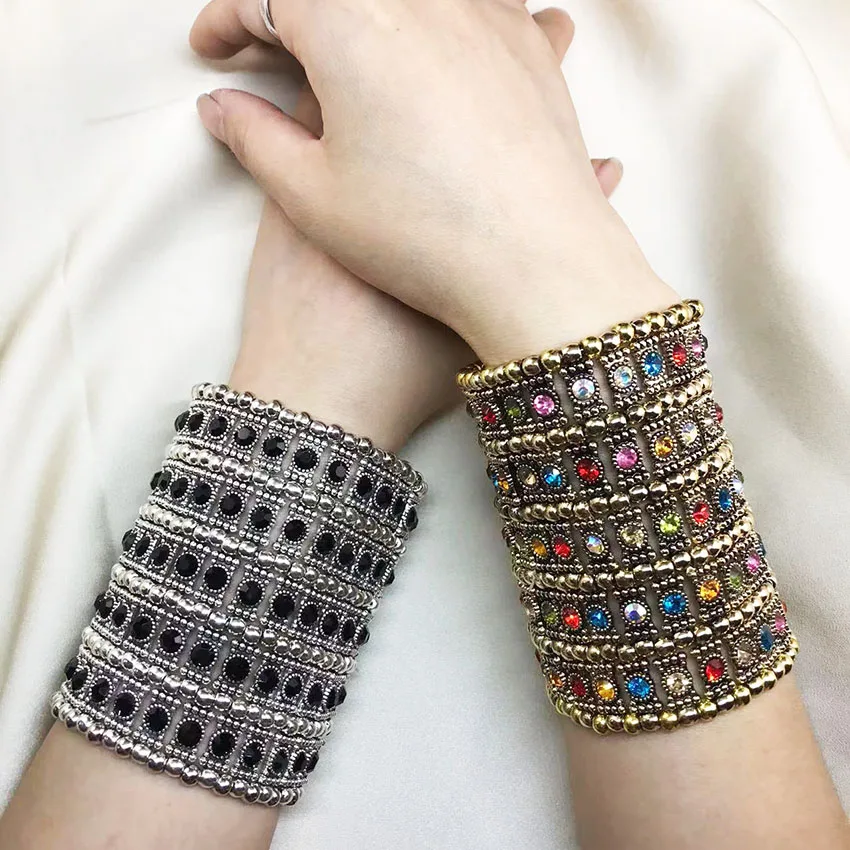 Classic Fashion Elastic Wide Bracelets Retro Punk Exaggerated Five Row Crystal Retractable Woven Beaded hand decoration