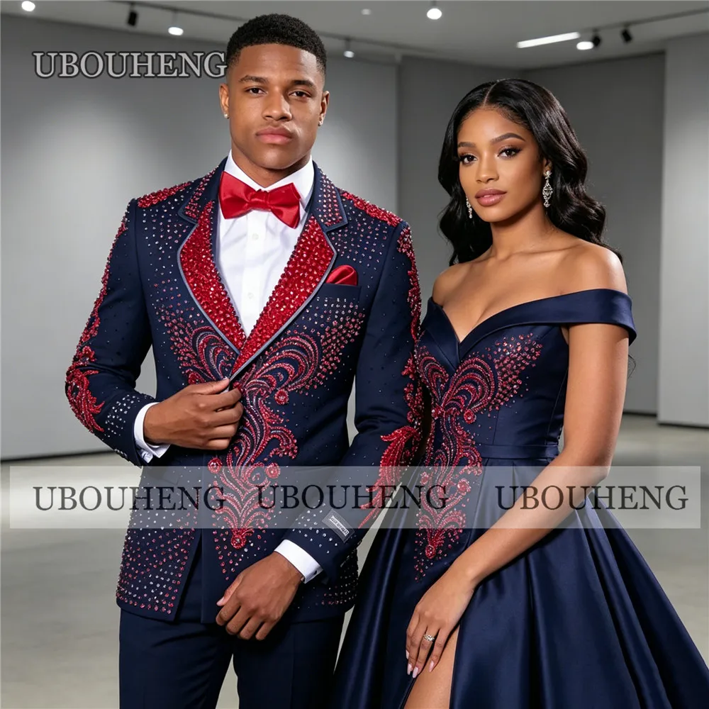 Exquisite Red Beaded Rhinestones Wedding Suit For Man 2 Piece Sets Single Breasted Blazer Pants Customized Groom Tuxedos Outfit