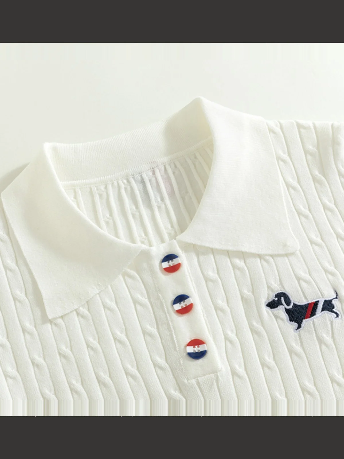 Summer Ice Silk Thin Short Sleeve Knitted Twisted  Shirt Women's Embroidered Dog Pattern Slim Fit Fashionable Top