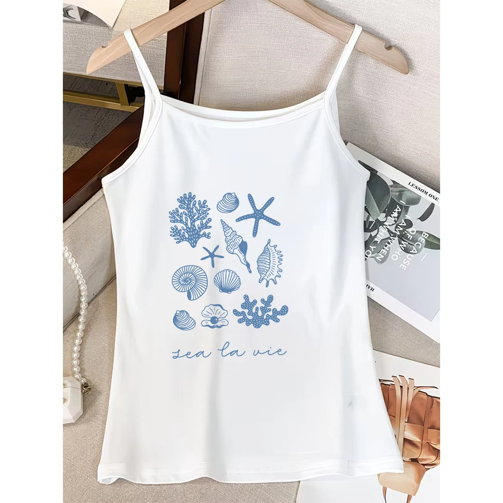 Sea La Vie Shell Print Camisole Women Summer Blue Marine Graphic Tank Top Casual Sleeveless Vest for Beach Vacation French