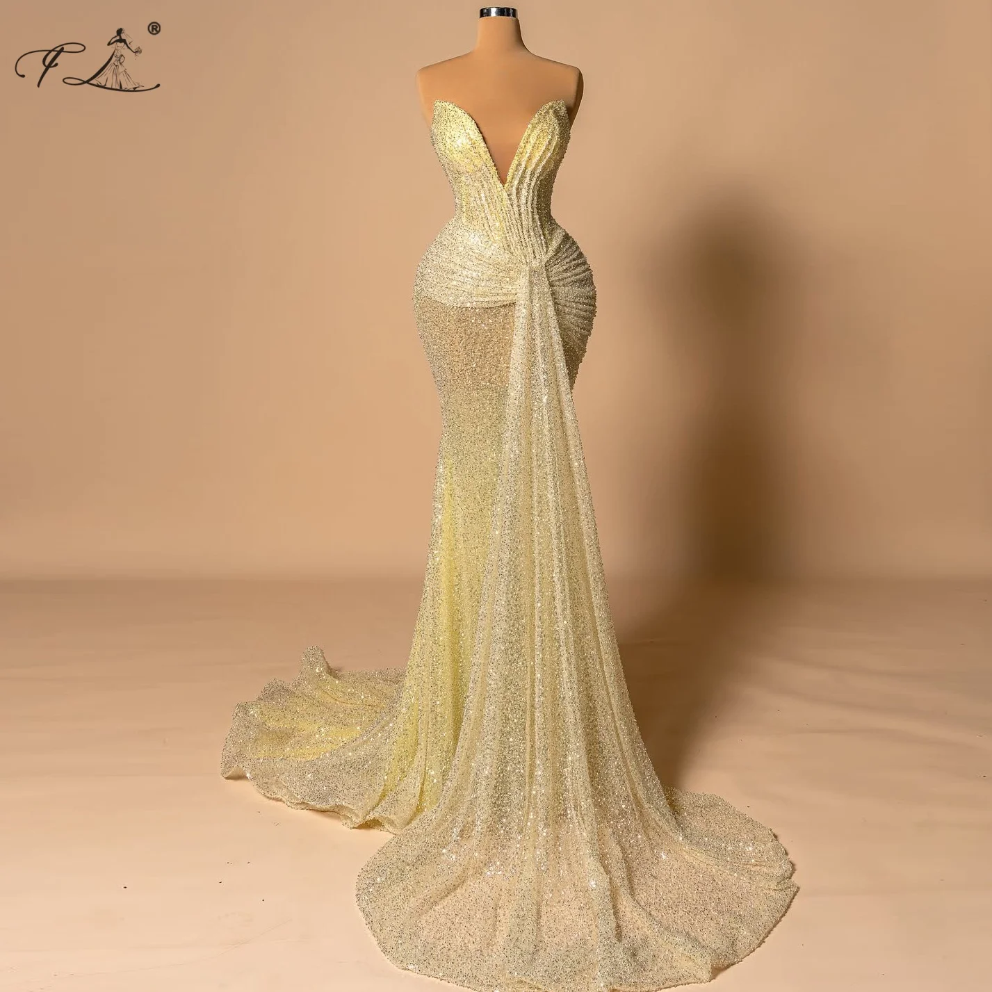 

Сверкающее вечернее платье цвета шампанского Вечернее платье с блестками и V-образным вырезом со шлейфом Платье русалки Праздничное платье Коктейльное платье из тюля