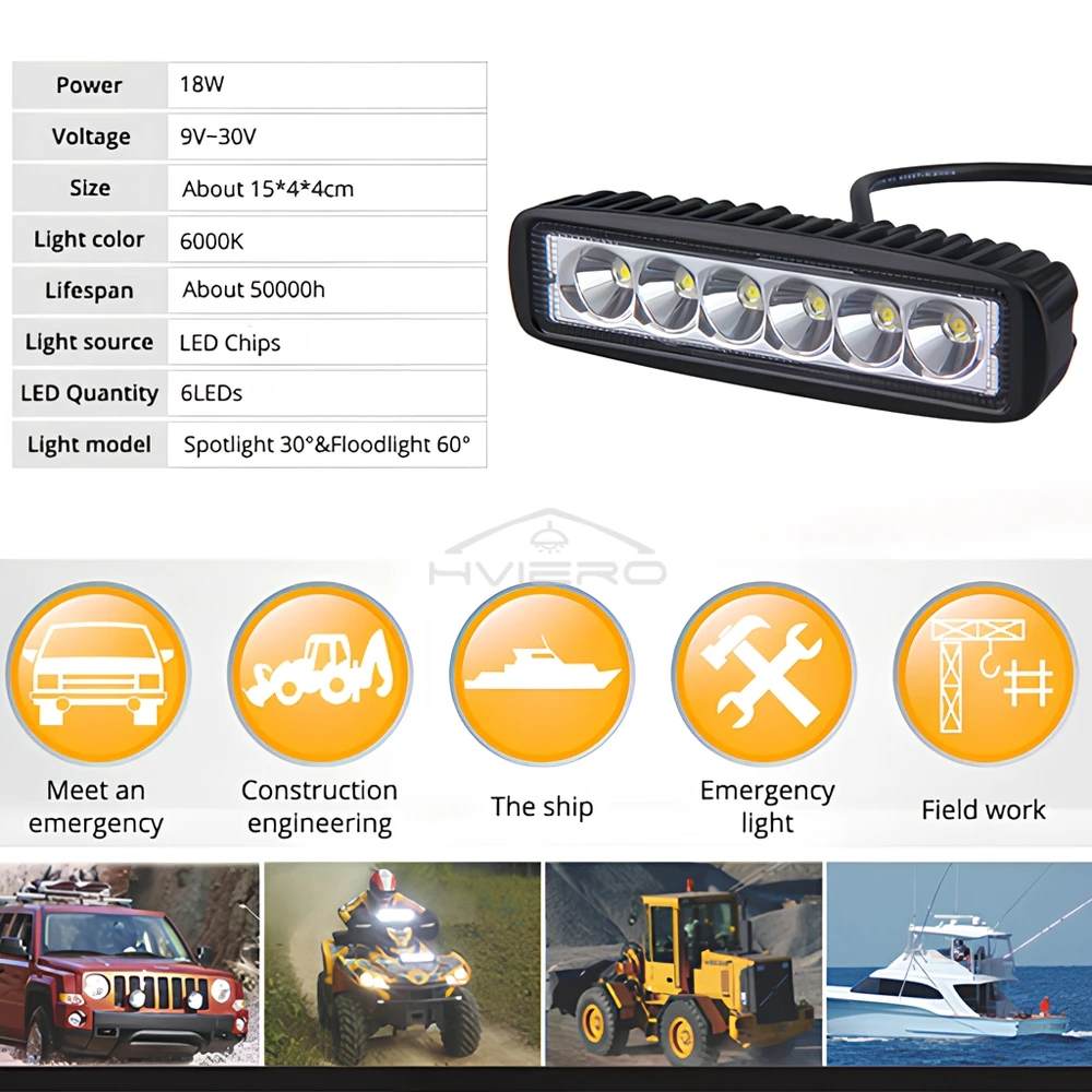 1X Car Work Lamp Strip Spotlight White Turn Signal Off-road Fog Headlights Tractor Taillights IP68 Waterproof Light Bar 18W 6LED