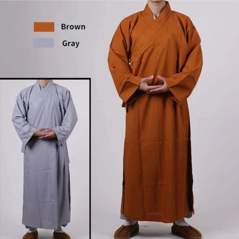 Gray Brown Adults Monks Meditation Robes and Gown Buddhism Men Taichi Kung fu Traditional Buddhist Haiqing Clothing Long Robe OA