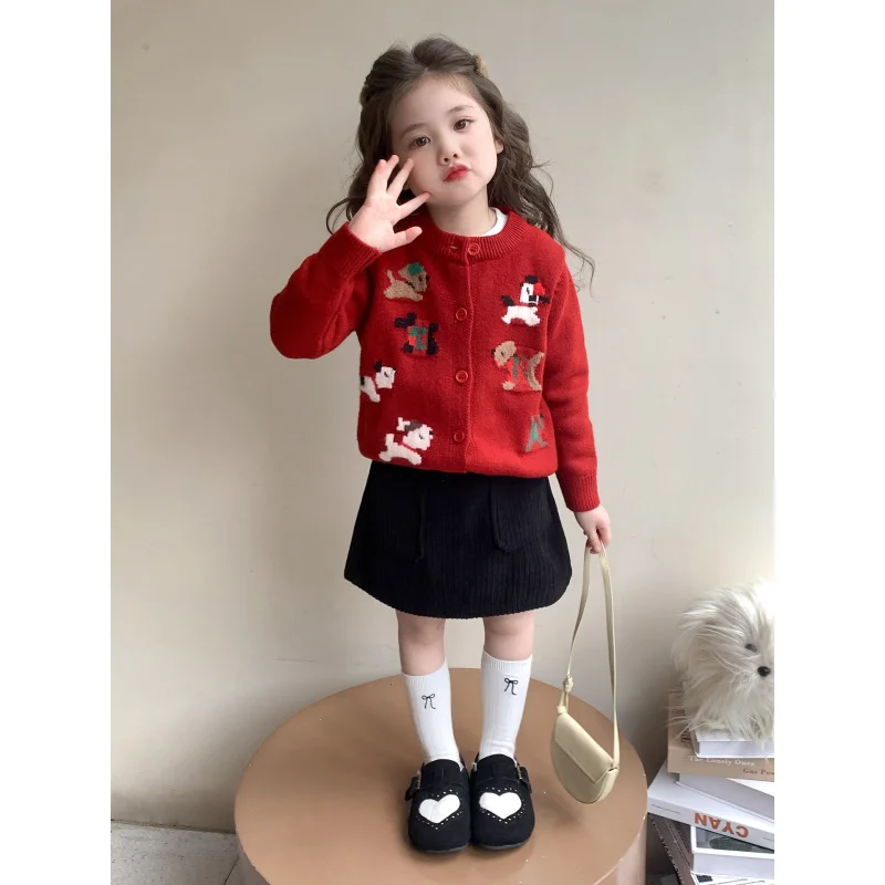 

Girls' Knitted Sweater Puppy Jacket Spring and Autumn Style2025New Stylish Fashionable Baby Girl Sweater Cardigan Top for Autumn