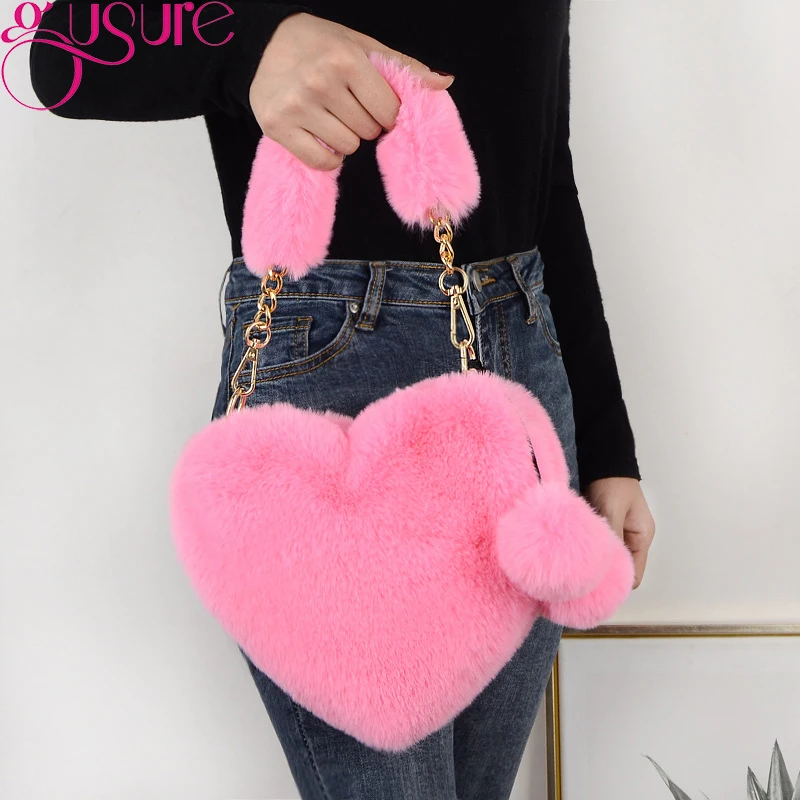 Gusure Faux Fur Winter Women Handbags Heart Shaped Shoulder Bag Female Clutch Purse Chain Messenger Plush Shoulder Crossbody Bag