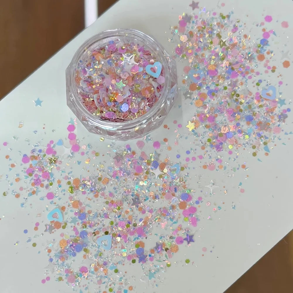 1Box 3D Colorful Star Heart Nail Glitter Sequins Pink Aurora Irregular Naiks Flakes for Eye Face Makeup Manicure Art Decorations