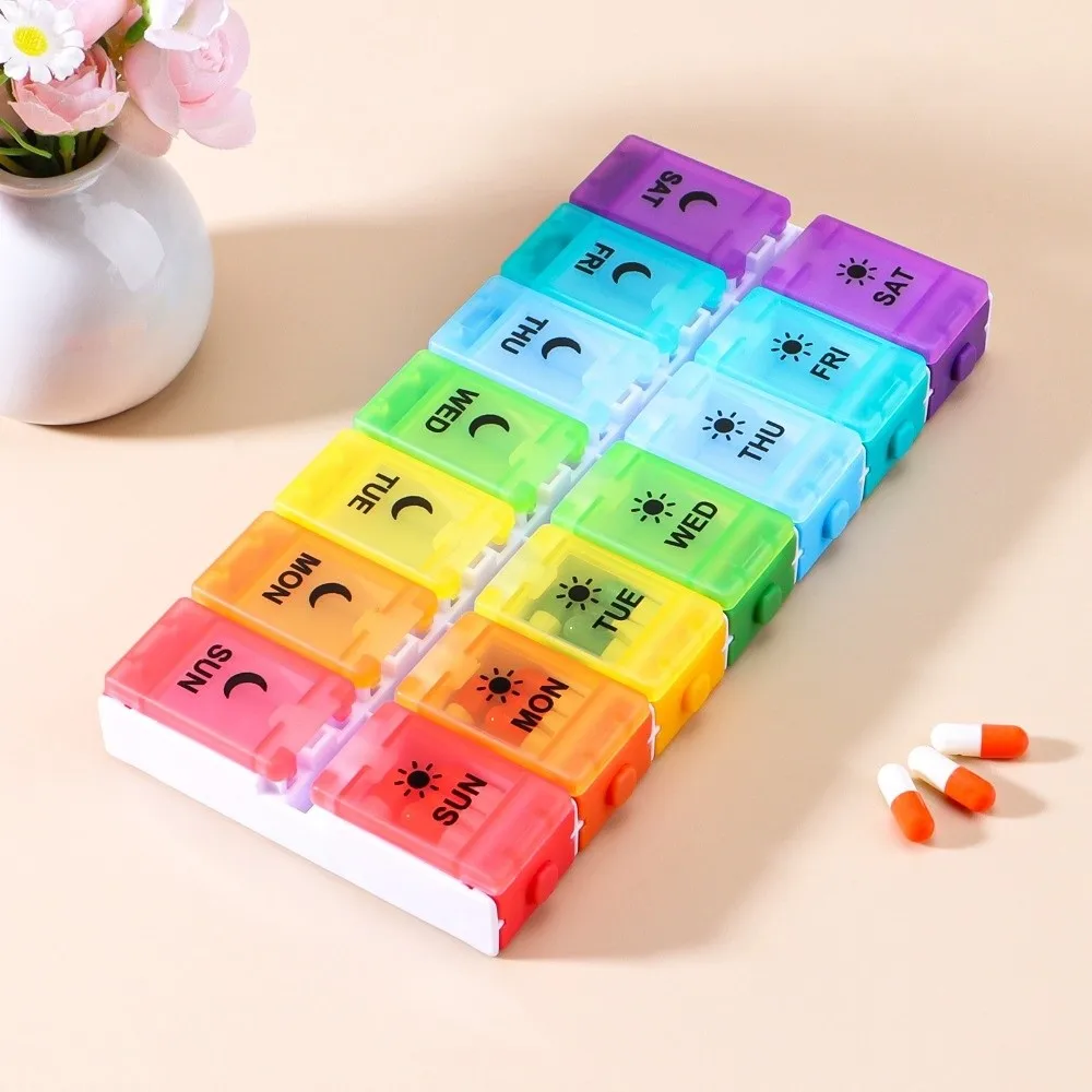 

Еженедельный кнопочный пресс с крышкой, коробка для таблеток, 7-дневное хранение, дорожные футляры для таблеток, коробка, диспенсер для таблеток, портативный контейнер для таблеток с 14 сетками