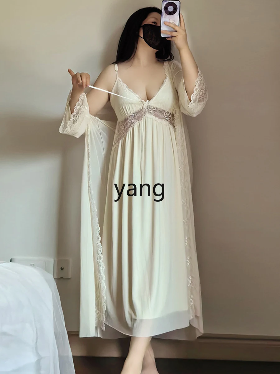 LMM long pajamas women's large size summer fat mm lace hollow with chest pad