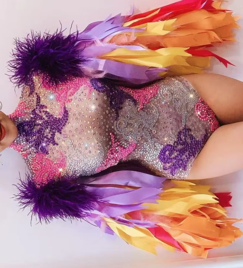 

Elastic Crystals Bodysuits Sparkly Rhinestones Colored Ribbon Sleeve Bodysuit Bar Nightclub DJ Singer Dancer Costume Stage Wear