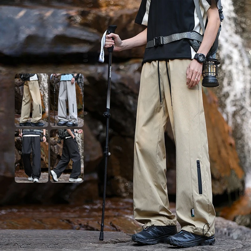 Summer Thin Outdoor Men's Casual Pants Foot Magic Drawstring Hiking Trousers Travel Baggy Cargo Pants Decorative Zipper Pocket