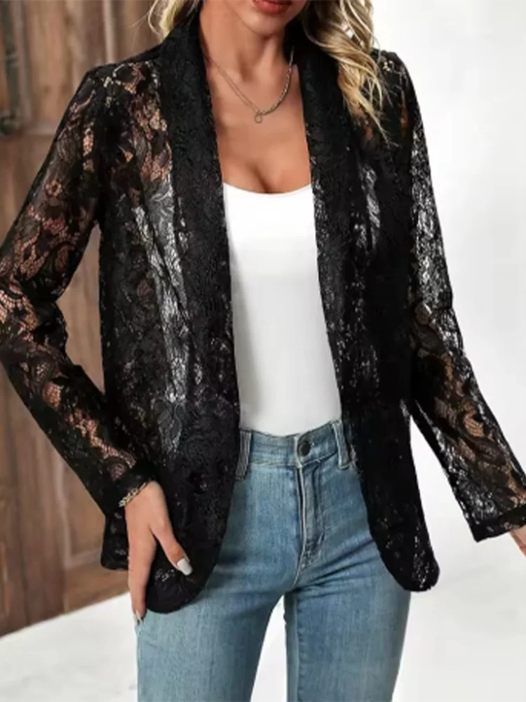 Hollow Solid Color Long Sleeved Lace Sexy Women's T-shirt Fashionable Street Elegant Versatile Spring Top